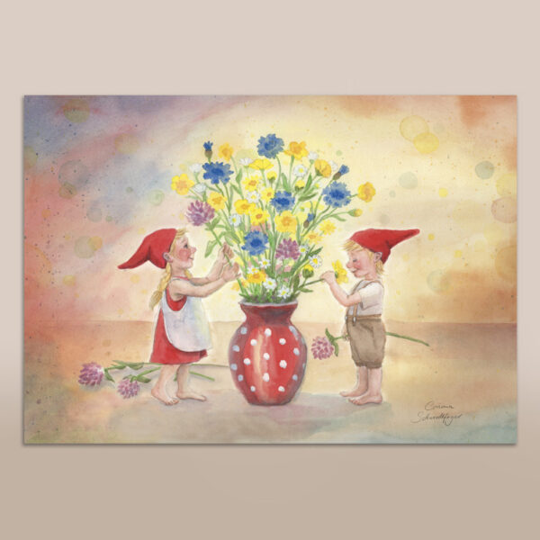 Poster Wichtel mit Sommerblumen A4